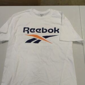 Reebok White Tee with Navy and Orange Logo Basketball On Back
